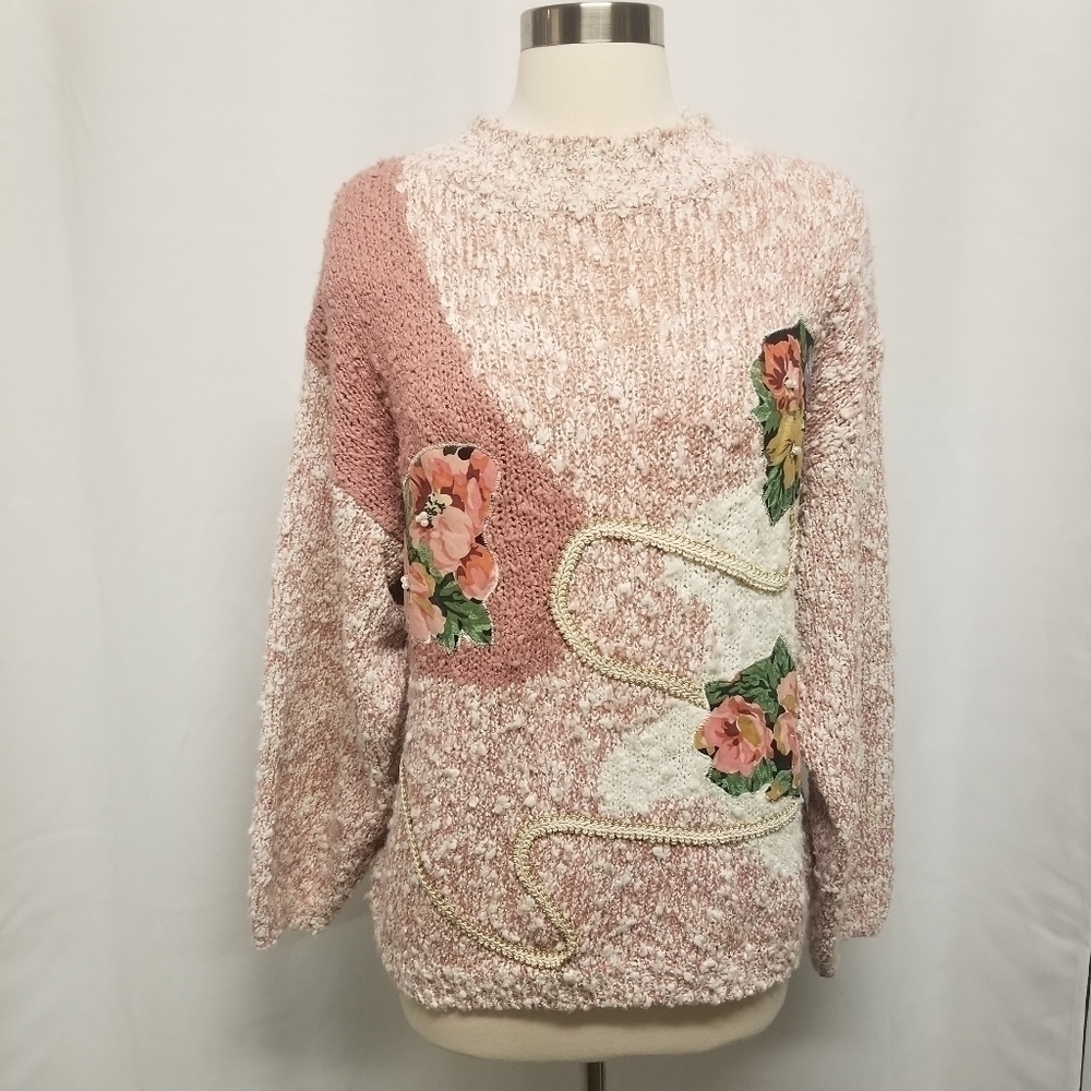 Vintage Chunky Knit Pink White Floral‎ Applique Cottagecore Granny Sweater Md